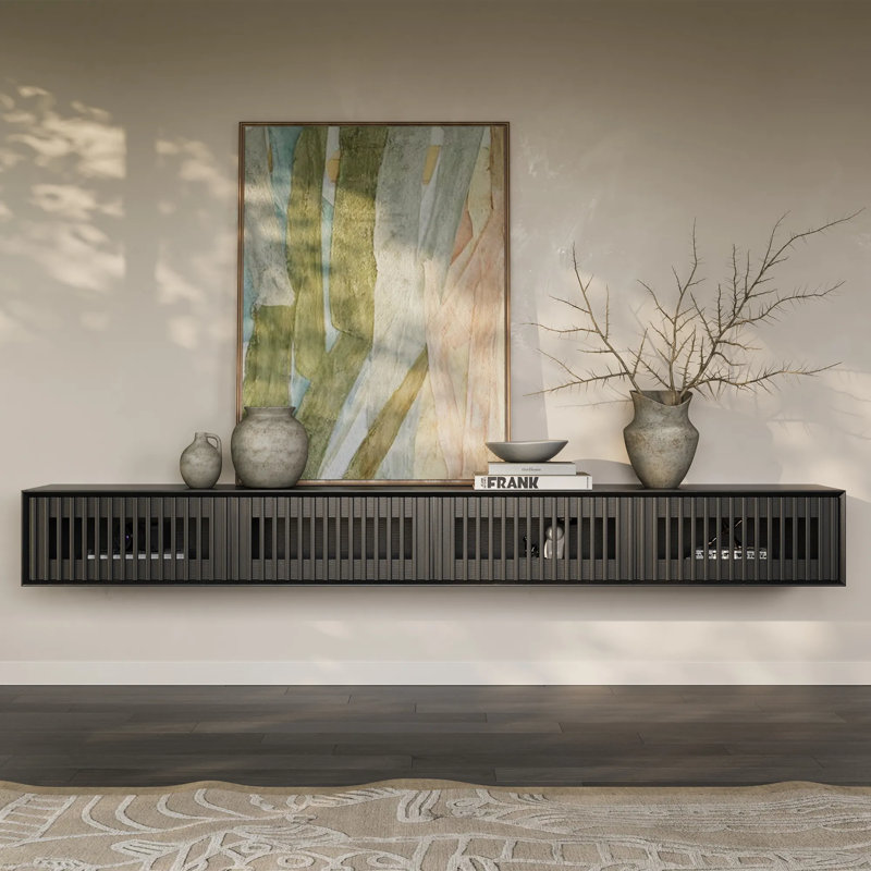 Meuble télé moderne flottant, entièrement assemblé, Noir, 11.02"H x 94.49"W x 15.75"D