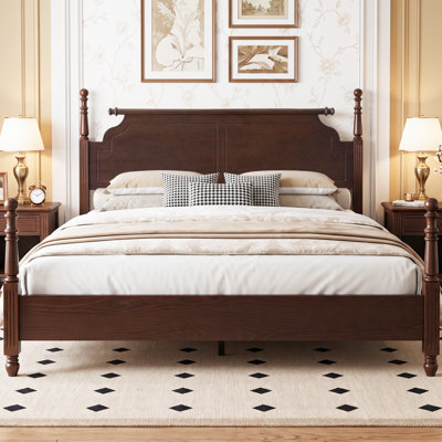 Majestic King Size Cannonball Solid Wood Poster Bed with Turned Legs & Panel Headboard, Espresso Oak Finish
