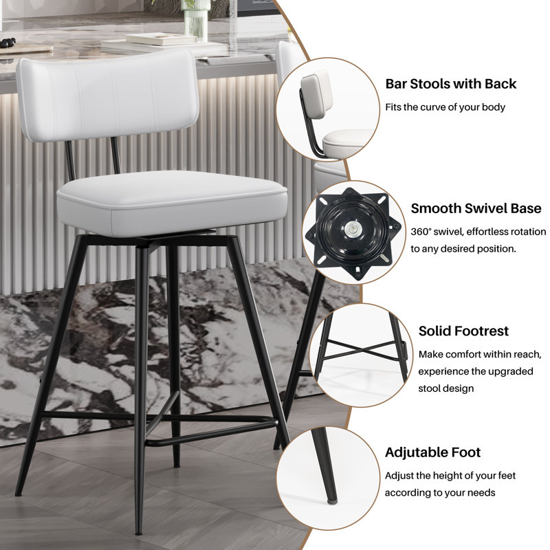 White Leather Swivel Counter Stools with Black Metal Frame, Set of 2