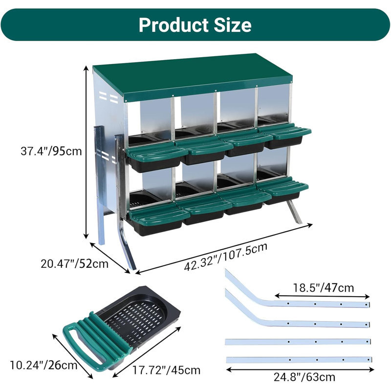 Metal Chicken Nesting Box, 8 Compartment Roll Away Nesting Box With Inclined Nesting Boxes, Bottom Holes & Resting Platform, Fit For Different Chicken Breeds,with Stand,green