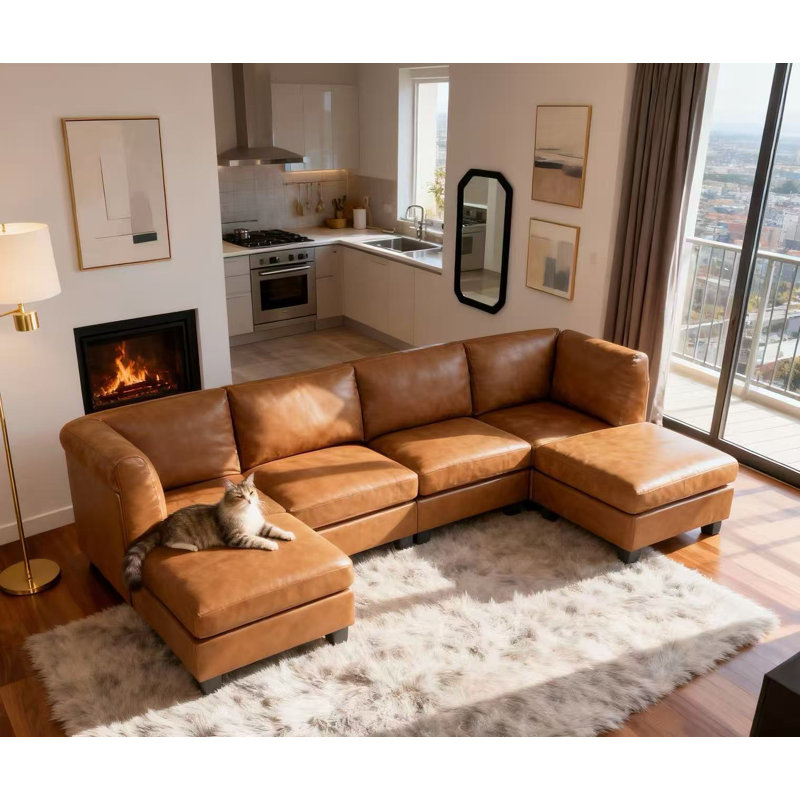 Angelamaria Upholstered L-Shaped Sectional, Ginger Faux Leather