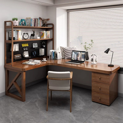 Walnut L-Shaped Solid Wood Executive desk with drawers desk