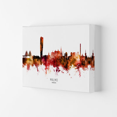 Malmo Sweden Skyline Red City Name by Michael Tompsett - Print