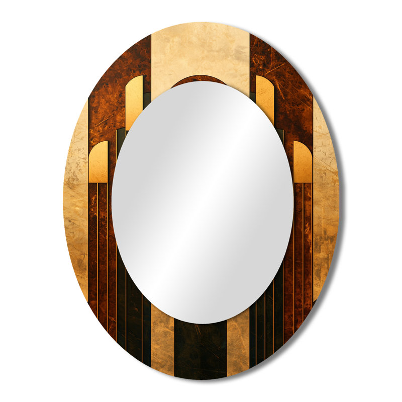 Geometric Walnut Essential Forms VII - Gold Oval Wall Mirror Decor, 43" x 33"