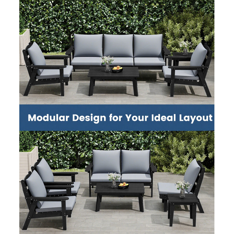 7-piece Hdpe Outdoor Patio Conversation Set With Cushions, Gray, Black