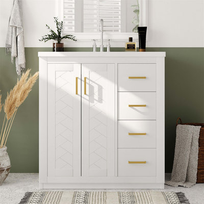 30" Retro Style Bathroom Vanity with Ceramic Sink, Solid Wood Frame, Ample Storage, and Soft-Closing Doors