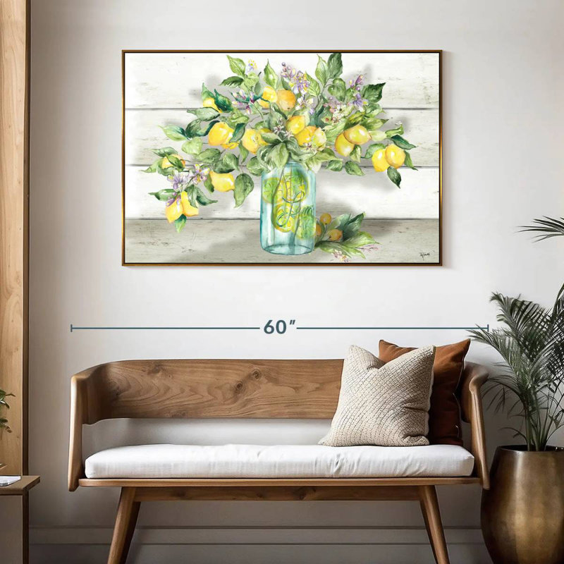 Aquarelle de citrons dans un pot Mason, 46 po x 31 po, Cadre flottant doré