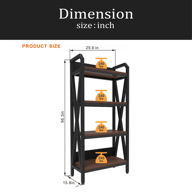 Étagère de rangement à 4 niveaux 56,30 po Bakers Rack, 56,3 po x 25,6 po x 15,8 po, Noir/brun foncé