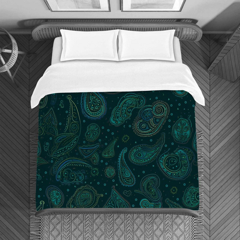 Machine Printed Duvet Cover, Twin Duvet Cover, Blue/Green/Black Paisley