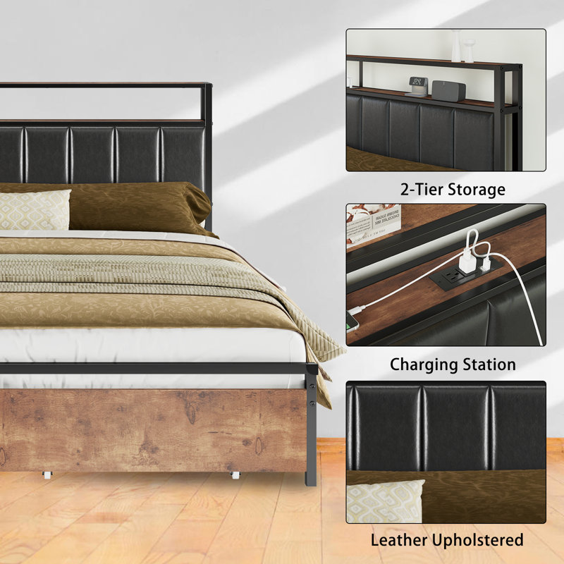 King Rustic Brown Metal Frame Upholstered Bed with Storage and LED