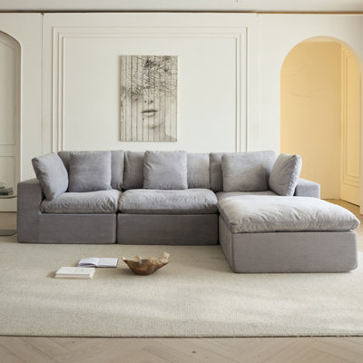 Cloud Modular Sectional Sofa, Oversized Sectional Couches For Living Room, Cushion Deep Seat Sofa Set, Corduroy L Shaped Couch With 1 Ottoman (Light Gray)