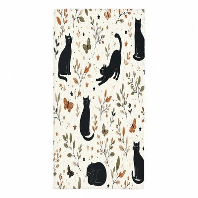 1Pcs Black Cat Pattern Beach Towel, featuring cute cats, butterflies, and botanical elements in a whimsical design. Large microfiber, perfect for, swimming, travel, unisex.