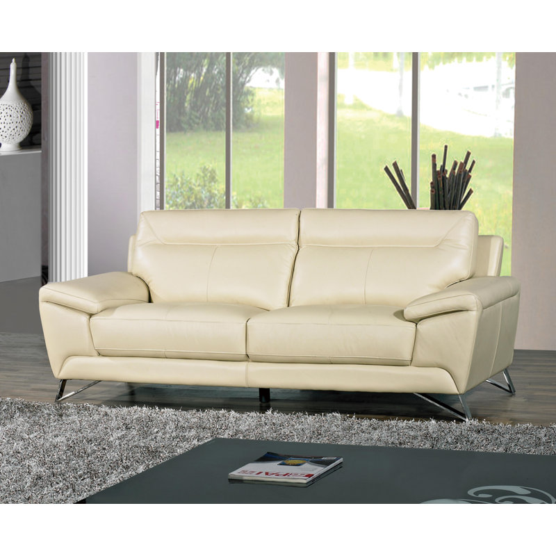 Cortesi Home  Phoenix Genuine Leather Sofa, Cream 80", Cream Genuine Leather