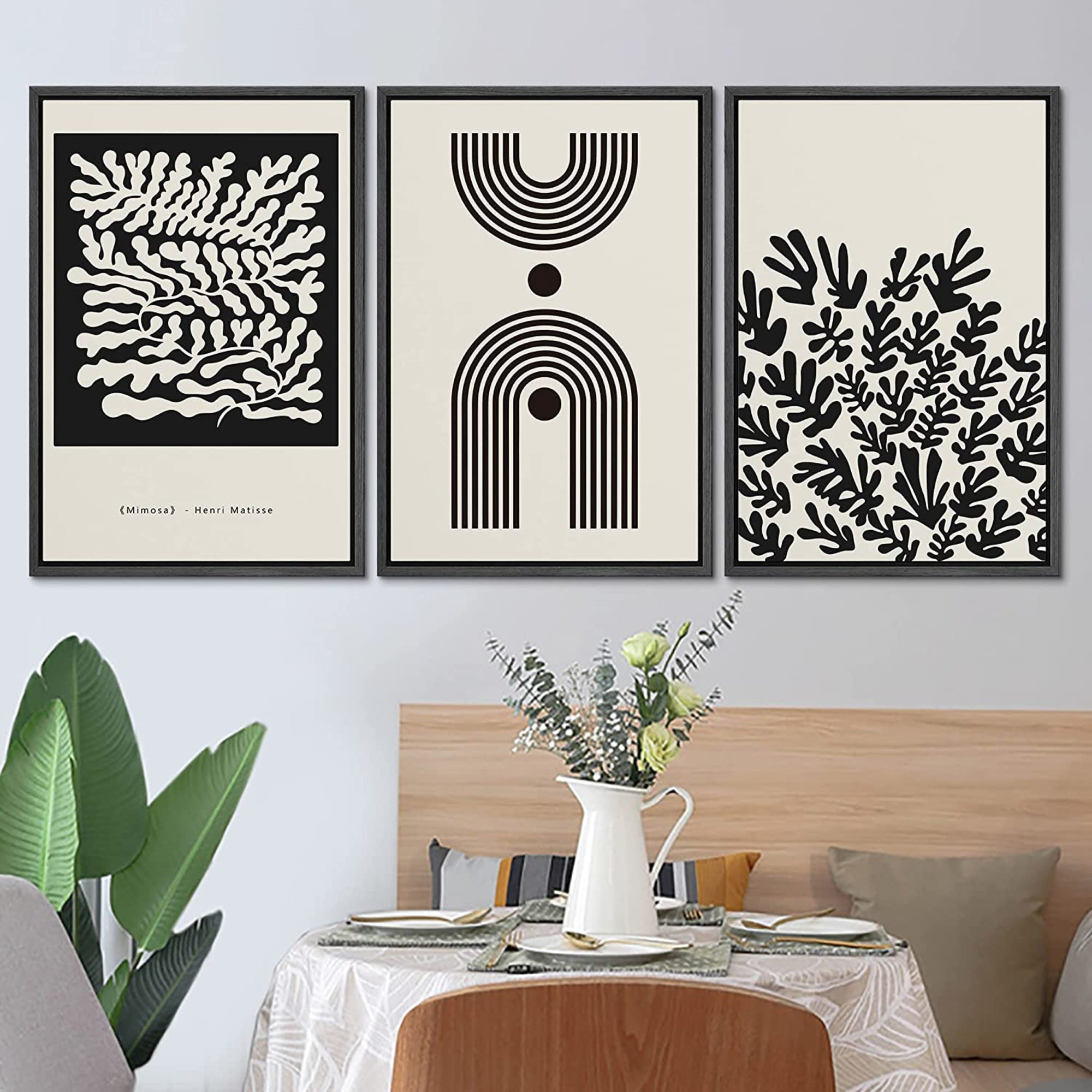 Geometric Dark Figure Forest Plant Collage Framed On Canvas 3 Pieces Print