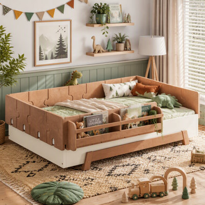 Lit simple au sol avec garde-corps, tablettes et lattes en bois massif Montessori, conception discrète et enfantine, finition beige et naturelle