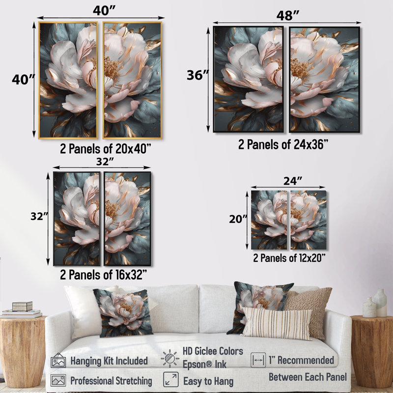 Rose et gris pivoines en fleurs I - pivoines, art mural, Noir, H 36 po x l 48 po, Reproduction encadrée sans passe-partout