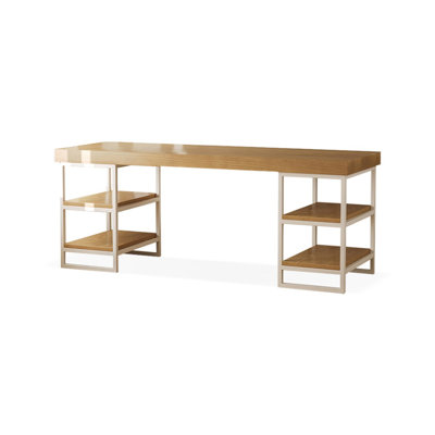 Bureau rectangulaire brun et blanc en bois massif et fer