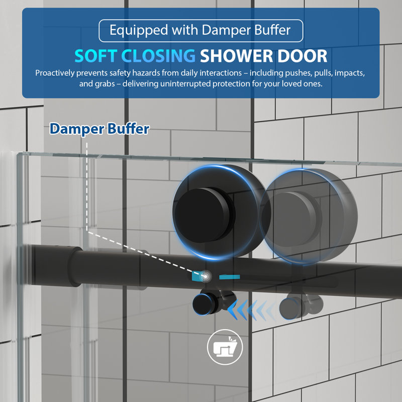 55"-60'' W x 76'' H Frameless Sliding Shower Door in Matte Black Finish with 5/16" (8mm) Clear Tempered Glass, Soft-Close, Easy-Clean Coating, Explosion-Proof Film