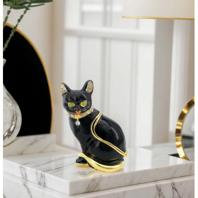 Black Cat Hinged Jewellery Box With Crystals.Hand Painted Cat Figurine Trinket Box .Classic Animal Designs.Rings Earrings Necklace Storage Box