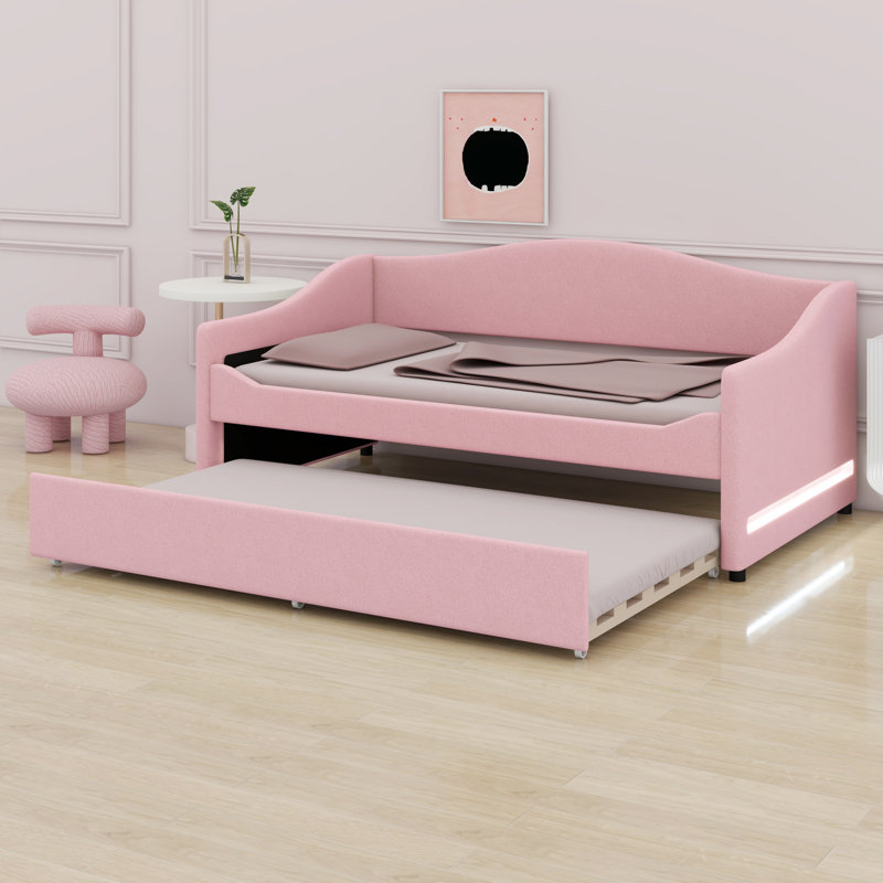 Upholstered Daybed With Light And Trundle, Twin, Pink
