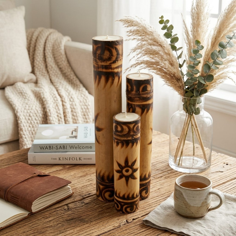 Wood Tabletop Votive Holder with Candle Included, 19" H x 4" W x 4" D, Brown