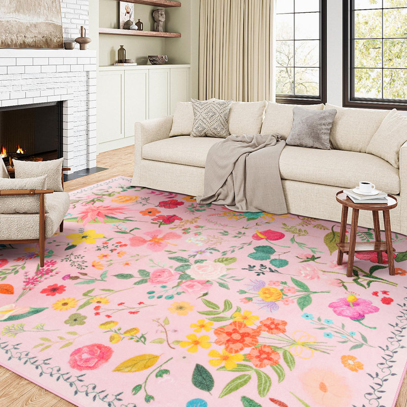 Groner Large Flower Living Room Rug Washable Bedroom Rug Non-Slip Colorful Vintage Accent Floor Carpet For Home Decor