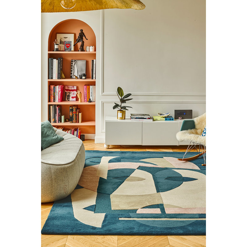 Aduma Wool Abstract Area Rug in Blue/Beige, Rectangle 6'7" x 9'10"
