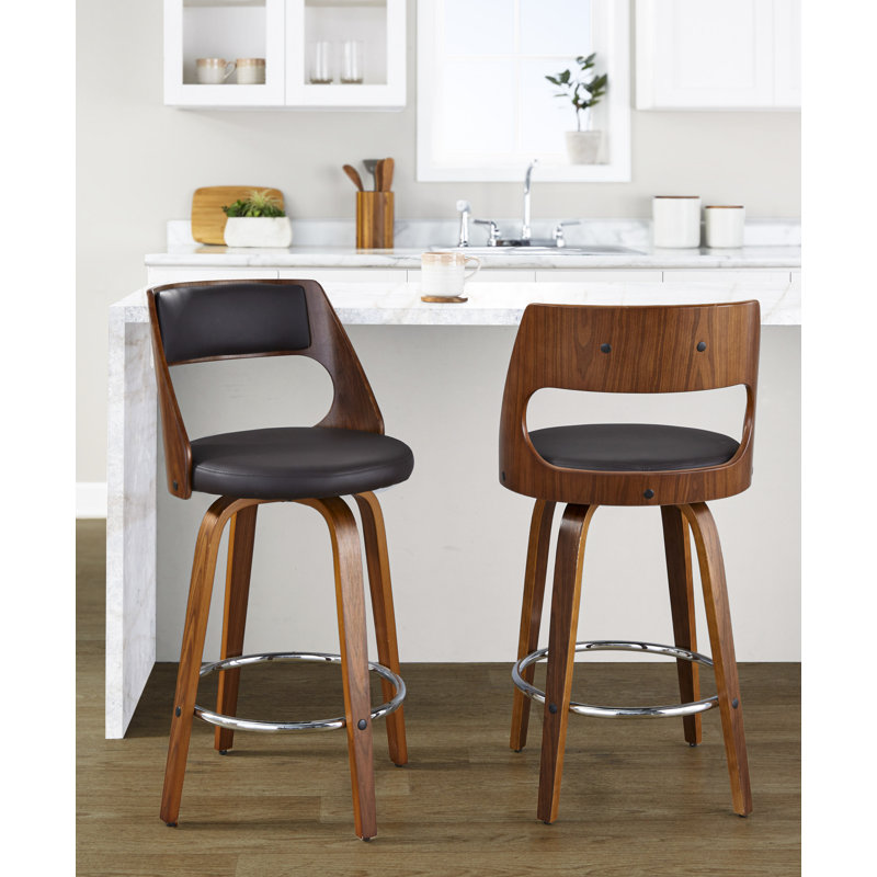 Betuel Swivel Upholstered Counter Stool, Brown Faux Leather/Walnut Frame, Counter Stool (25.25" Seat Height)