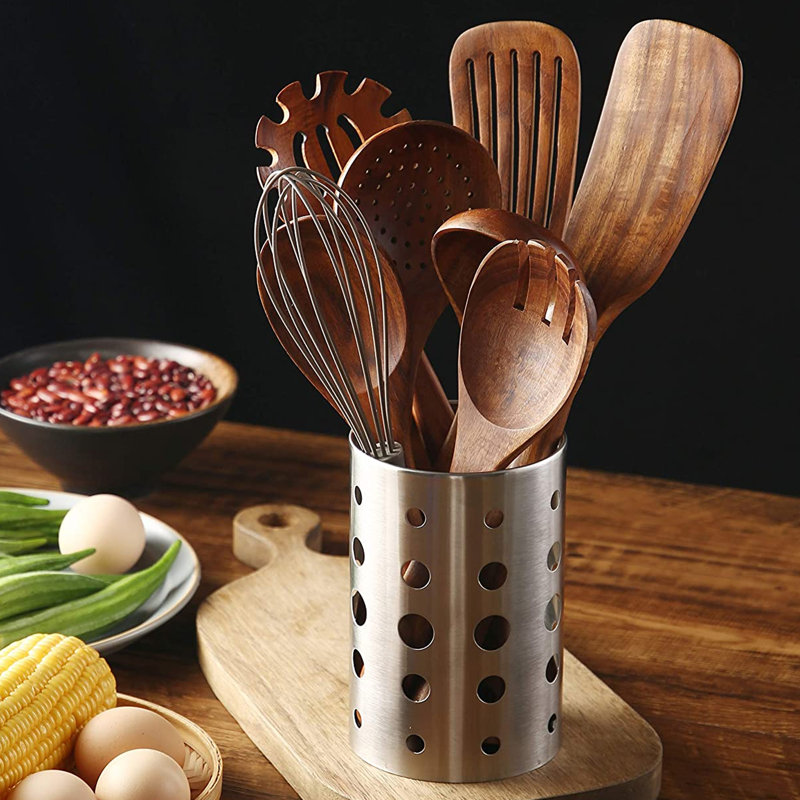 Ensemble de 9 cuillères à cuisson en bois avec pot à ustensiles 9 pièces