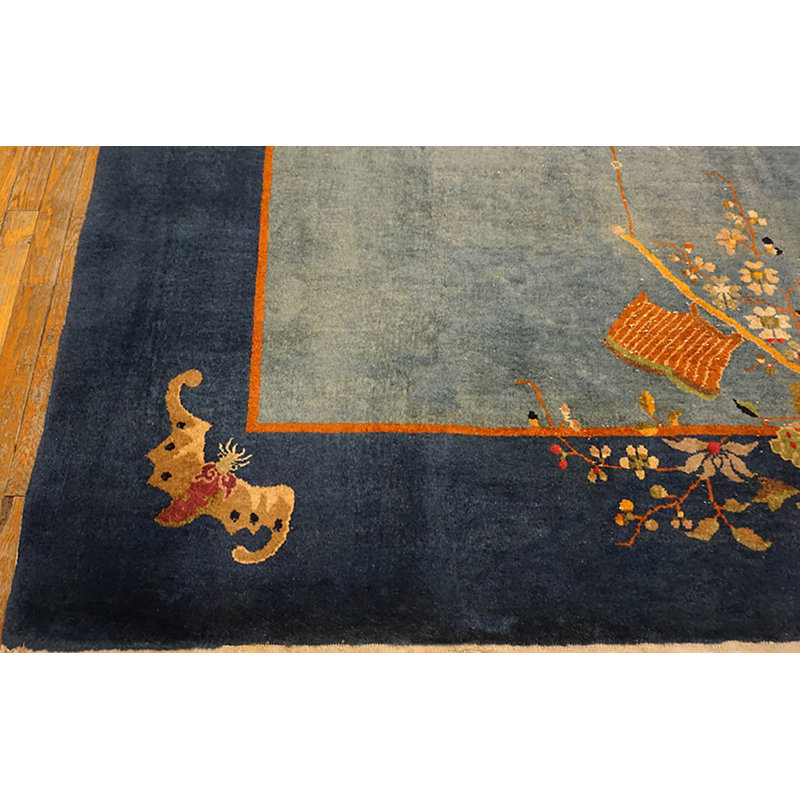 1920s Rectangle Hand Knotted Pile Wool Floral Antique Blue Rug
