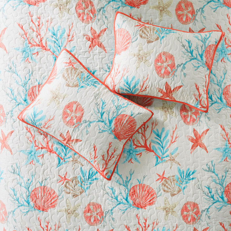 Ensemble de courtepointe en satin de coton 6 pièces avec coussins décoratifs Koreen, Corail