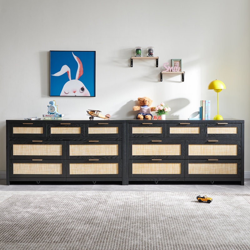 56.88" W Bohemian Rattan 7-Drawer Dresser With Ample Storage, Black
