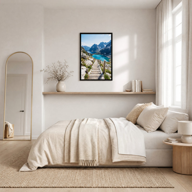 Art mural en bois, escalier en bois jusqu'au lac de montagne turquoise, H 24 po x l 16 po