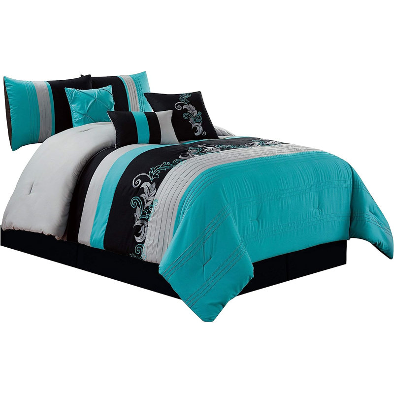 Floral Embroidered Microfiber 7 Piece Comforter Set, Teal/Gray/Black, Oversized King Comforter + 6 Additional Pieces