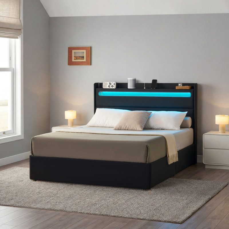 Berneil Upholstered Queen Bed Frame with RGBW LED Lights Headboard & 4 Storage Drawers, Black, Black, Queen