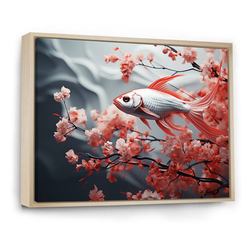 " Red And Grey Kois Fish Swimming With Serenity II ", 34" H x 44" W x 1.5" D, Natural Floater Framed