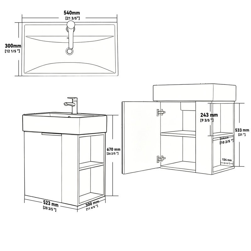 Meuble-lavabo suspendu de 55 cm avec lavabo, armoire murale en contreplaqué, lavabo en céramique, porte à fermeture amortie, rangement latéral, chêne