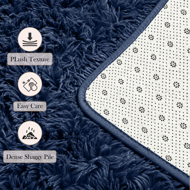 Rectangle Shaggy Washable Area Rug, Navy, Rectangle 160 x 230 cm