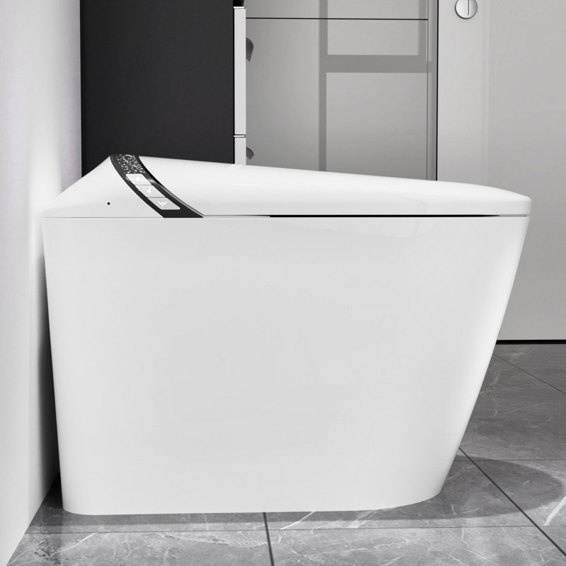 Toilette intelligente allongée blanche avec couvercle à ouverture / fermeture automatique, fonction de capteur de pied, chasse d'eau à jet siphonique 1,28, plusieurs modes de lavage et siège chauffant pour une salle de bain hygiénique