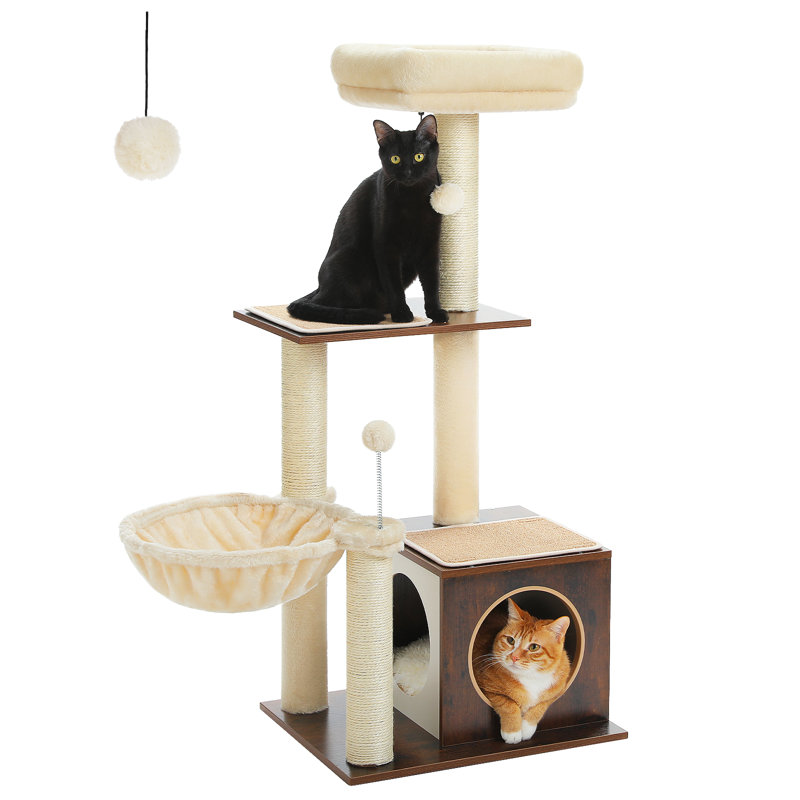 43.3" Wooden Modern Cat Tower Brown, Brown
