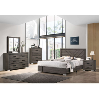 5-Piece Gray King Bedroom Set with Chevron Headboard, Dresser, Mirror, Chest, and Nightstand by Latitude Run