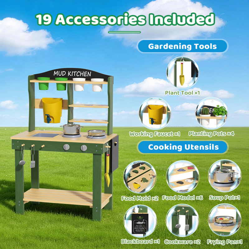 Kids Wooden Mud Kitchen Outdoor, Play Kitchen With Water Tank, Sink & Faucet, Toy Cookware Set, Plant Pots & Food Molds, Backyard Sensory Playset For Toddlers & Kids
