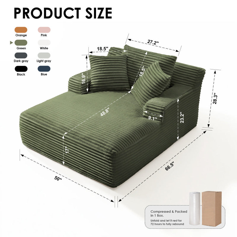 67'' Compression Upholstered Boneless Chaise Lounge, Corduroy Sofa Bed With Deep Seat, Pillows And Armrests, No Assembly Required
