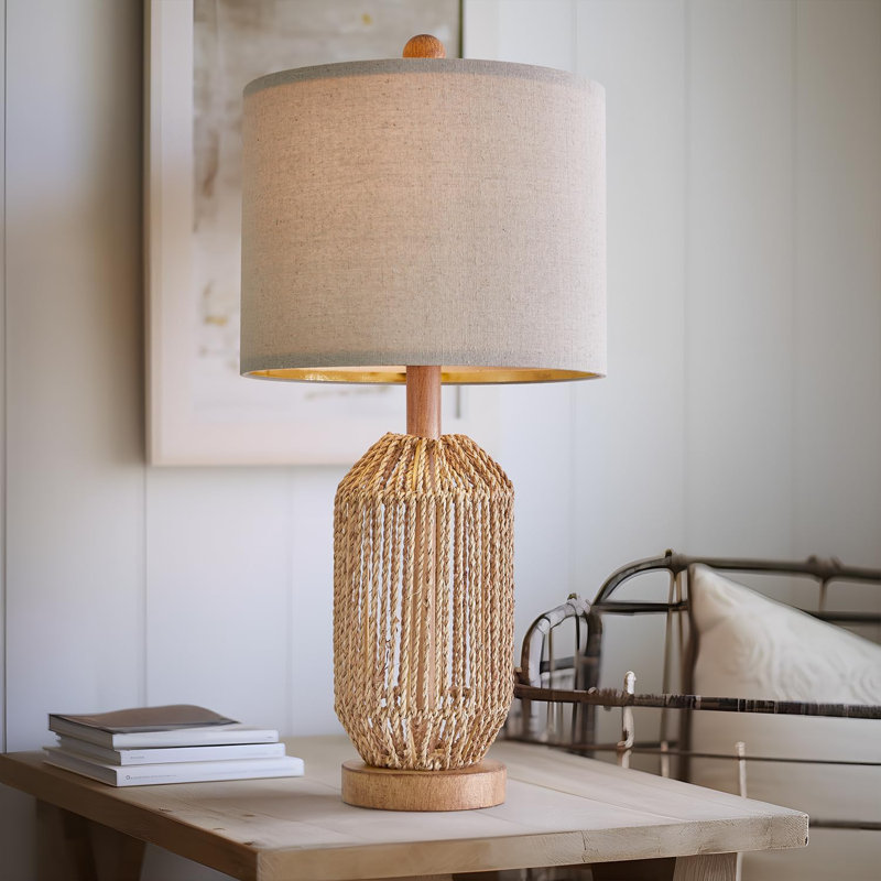21" Brown Rattan and Linen Farmhouse Table Lamps Set of 2