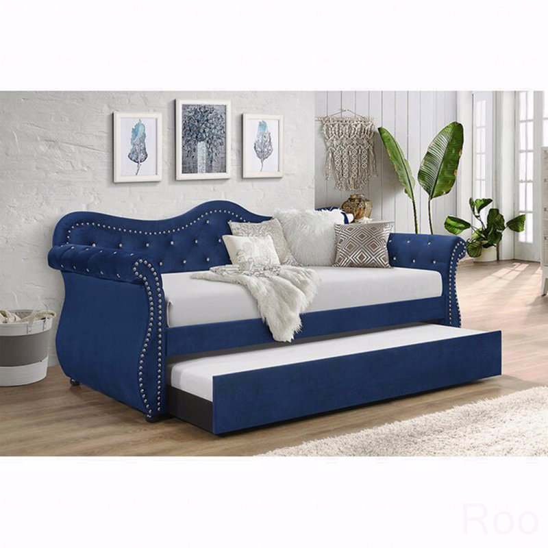 Upholstered Daybed, Velvet Wood Trundle Daybed, Navy