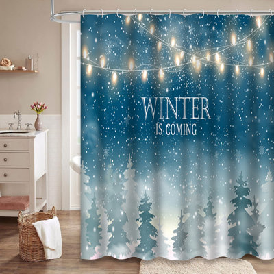 Winter Woodland Snow Lights Christmas Shower Curtain with 12 Hooks