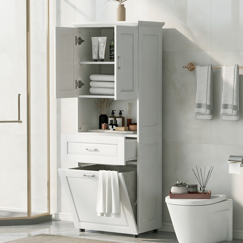 Tall Bathroom Cabinet With Laundry Basket, White