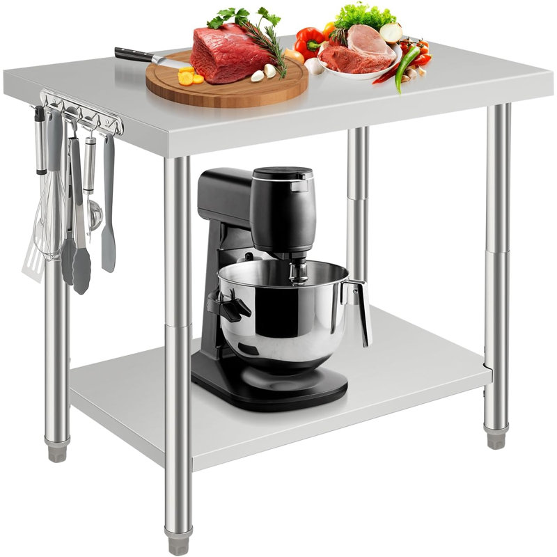 Table de préparation en acier inoxydable de 36 po x 24 po avec roues verrouillables, tablette réglable, dosseret et crochets à outils pour la cuisine, le restaurant, le garage et l'entrepôt, bord droit