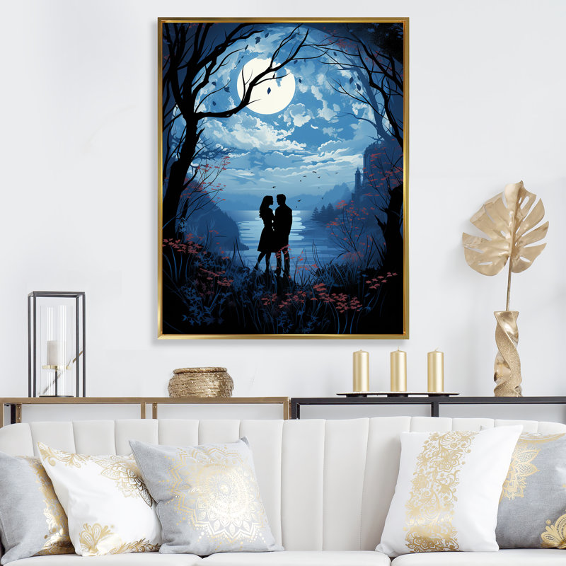 Jungle Couple Moonlit Romance - Pop Art, art mural, Cadre flottant doré, 32" H x 16" W