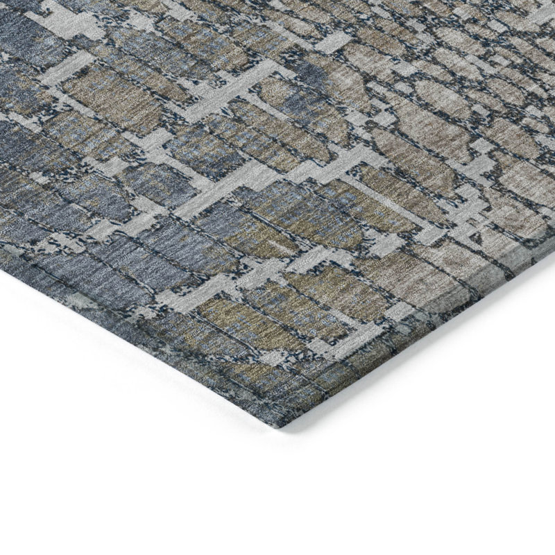 Tapis extérieur lavable abstrait bleu argenté et brun 10 pi x 14 pi